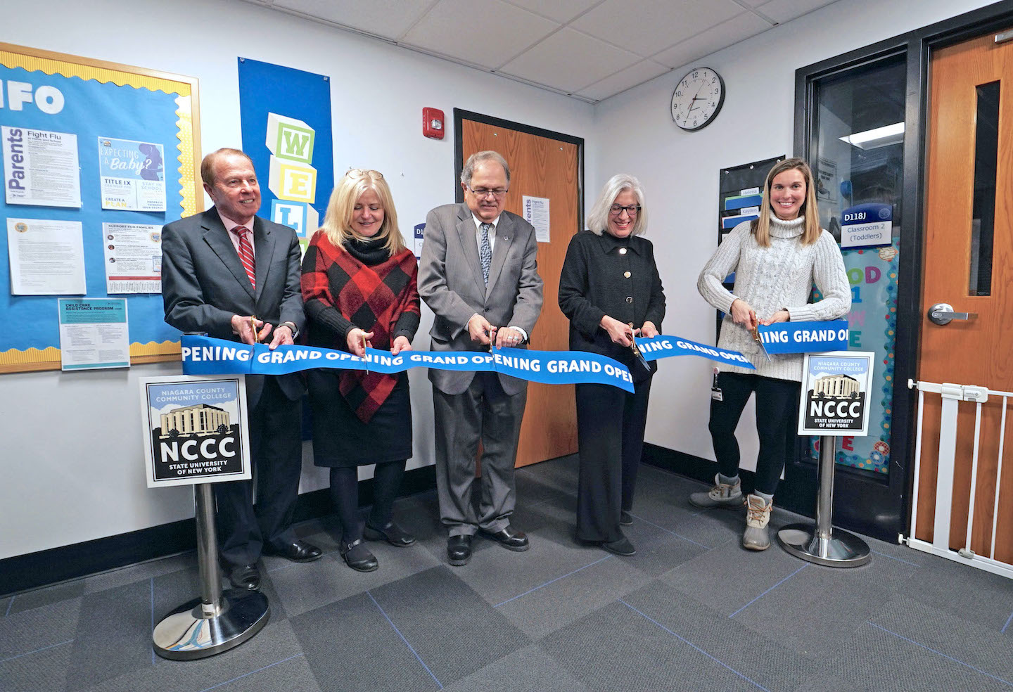 From left: Kevin Clark, NCCC board of trustees member; Gail Tylec, NCCC board of trustees member; Dr. William J. Murabito, NCCC president; Blythe T. Merrill, executive vice president of the John R. Oishei Foundation; and Christine Duquin, director of the NCCC John R. Oishei Child Development Center. (Submitted)